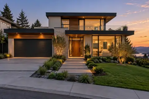 Contemporary home, exterior at twilight, video frame at 0s