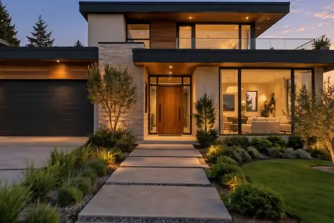 Contemporary home, exterior at twilight, video frame at 5s